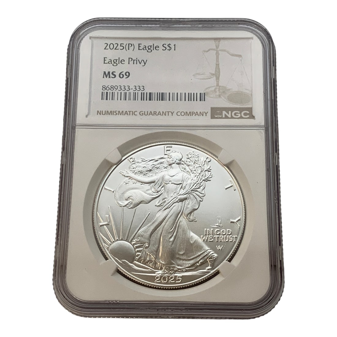 Ngc 2025 P $1 American 1oz. Fine Silver Eagle: In Ngc Graded Case - Ms 69Marked On Obverse: LibertyMarked On Reverse: United States Of America, One Dollar, 1oz. Fine Silver