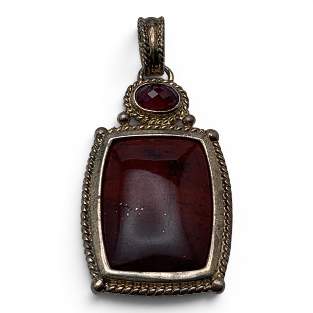 Sterling Silver Red Jasper & Pink Stone Pendant: Sterling Silver Pendant Featuring A Large Red Jasper Stone & A Faceted Pink StoneMarked: 925 - 2 1/8" Long - 14.0 Grams