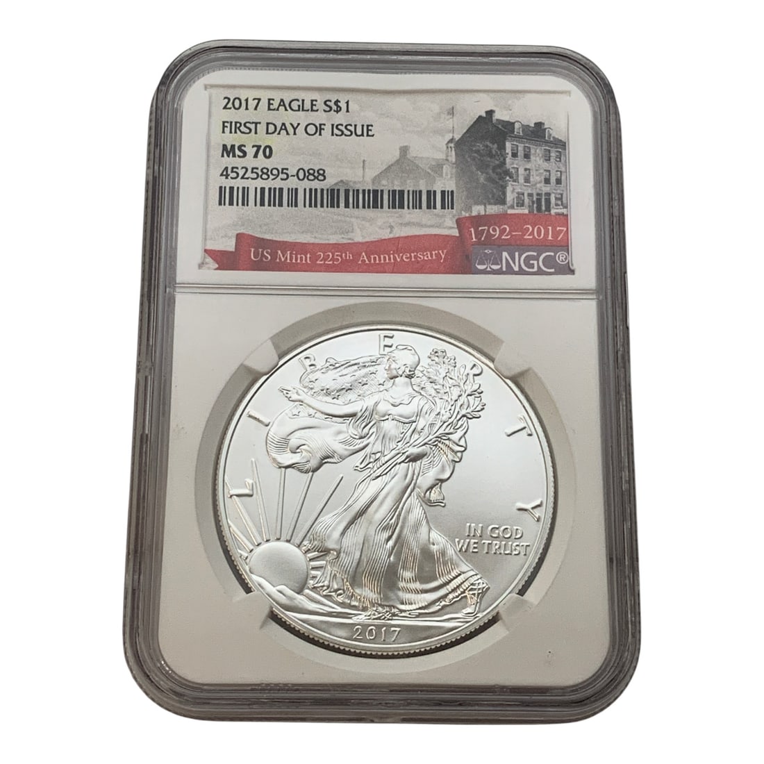 Ngc 2017 $1 American 1oz. Fine Silver Eagle: In Ngc Graded Case - Ms 70 - First Day Of IssueMarked On Obverse: LibertyMarked On Reverse: United States Of America, One Dollar, 1oz. Fine Silver