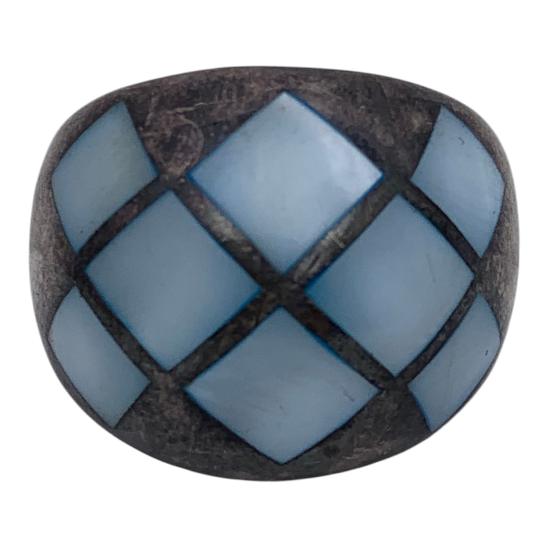 Sterling Silver & Inlaid Mother Of Pearl Ring: Sterling Silver Ring Featuring 8 Inalid Blue Mother Of Pearl StonesMarked 925 - Size 9.5 - 9.4 Grams