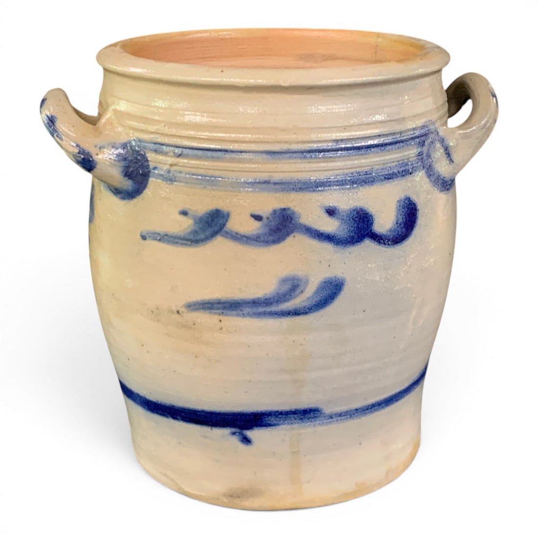 Antique Double Handled Stoneware Crock: Antique Double Handled Stoneware Crock With Cobalt Blue Painted Decorations And Ear Shaped Handles8 3/8" Tall