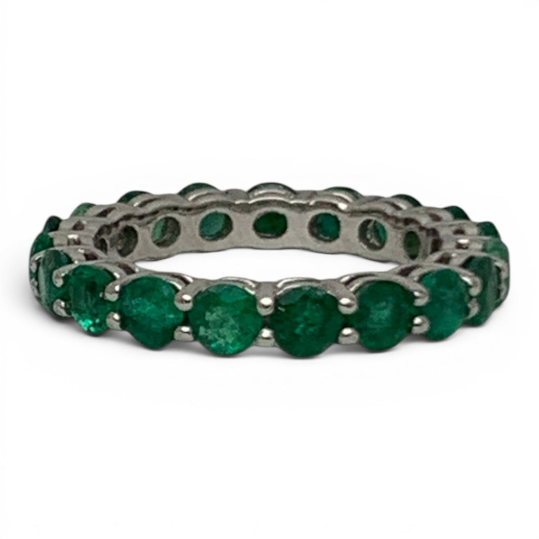 G I A 14k White Gold & Green Emerald Ring: G I A Certified 14k White Gold Ring Featuring 19 Round Cut Natural Green Beryl Emeralds Totaling 3.32 Carats. Marked 14k - Size 7.25 - 2.4 DwtIncludes Gia Graded Certification
