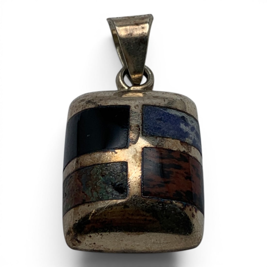 Vintage Mexico Sterling & Inlaid Stone Pendant: Vintage Mexico Sterling Silver Pendant Featuring 4 Inlaid Stones Marked: 925 - 1 5/8" Long - 9.9 Grams