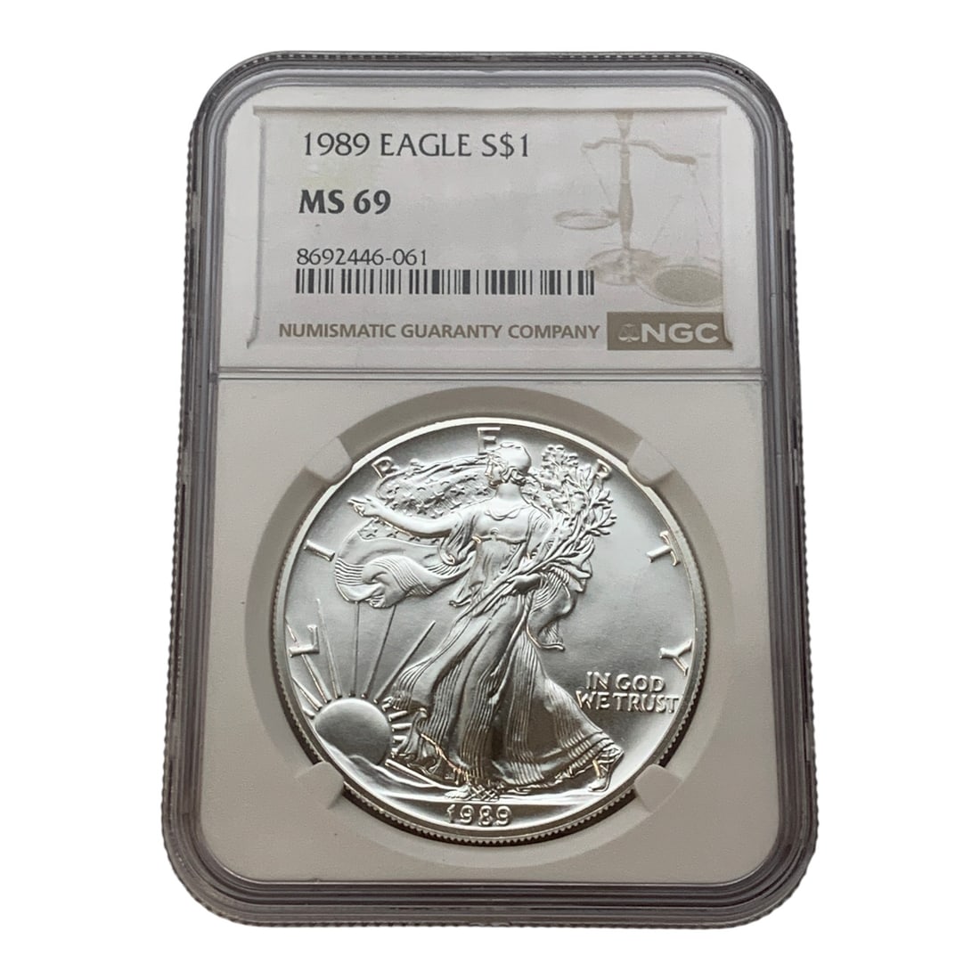 Ngc 1989 $1 American 1oz. Fine Silver Eagle: In Ngc Graded Case - Ms 69 Marked On Obverse: LibertyMarked On Reverse: United States Of America, One Dollar, 1oz. Fine Silver