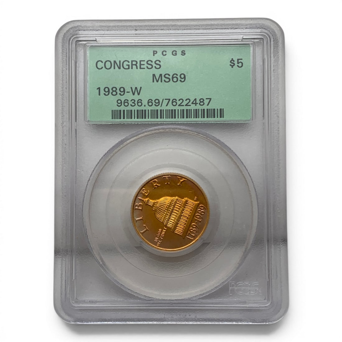 Pcgs 1989 W $5 Congress Bicentennial Gold Coin: In Pcgs Graded Case - Ms 69 Marked On Obverse: Bicentennial Of The Congress, United States Of America, Five Dollars
