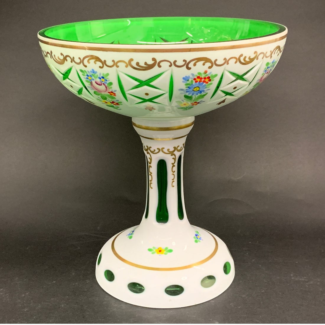 Vintage Bohemian Cased Glass Candy Dish: Vintage Bohemian Cased Glass Candy Dish In Green And White Featuring Hand Painted Floral Decorations And Gold AccentsBears Sticker Tag On Bowl: Czechoslovakia 18697 3/4" Tall