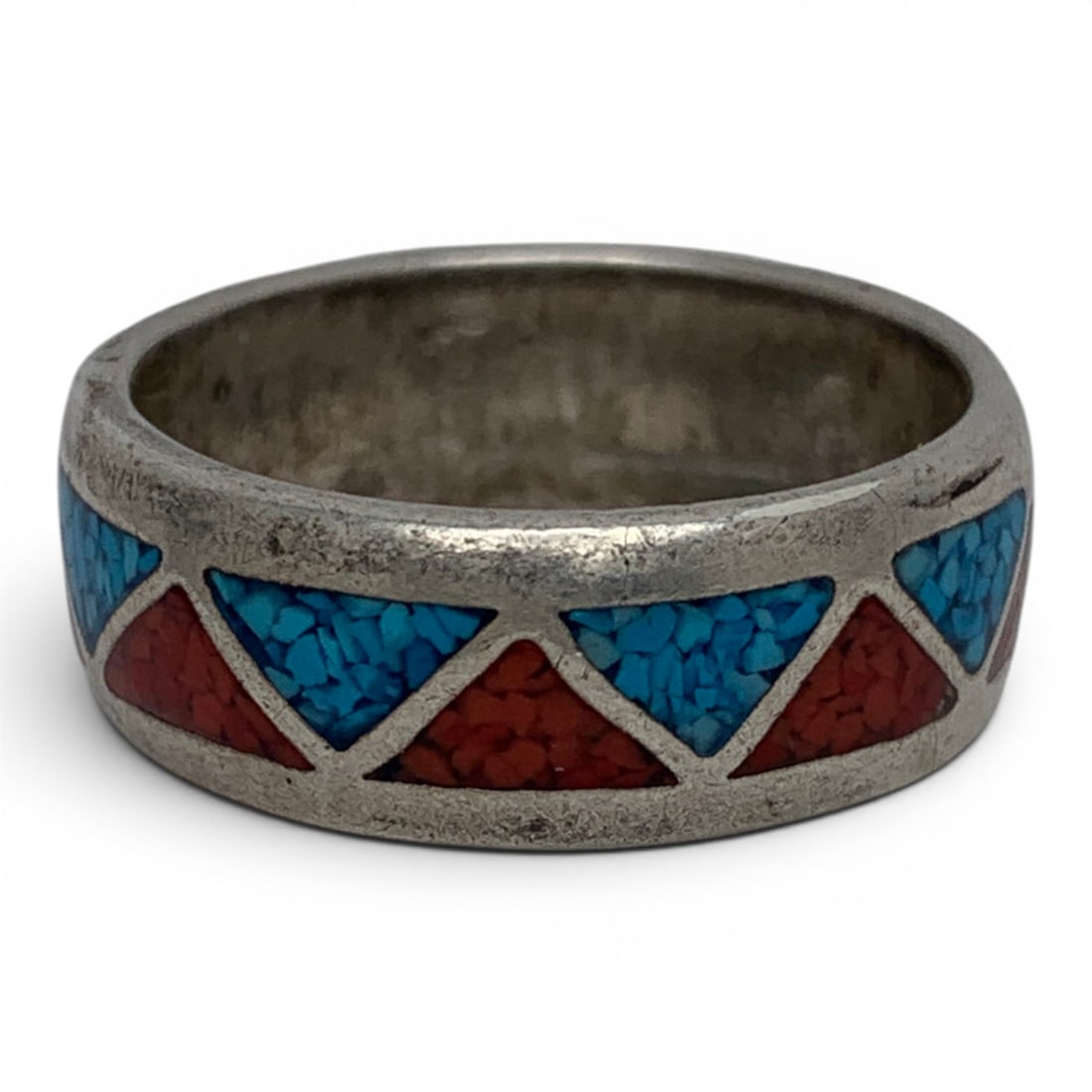 Vintage Sterling & Crushed Stone Ring: Vintage Sterling Silver Ring Featuring A Crushed Red & Blue StonesMarked: Sterling - Size 7 - 4.5 Grams