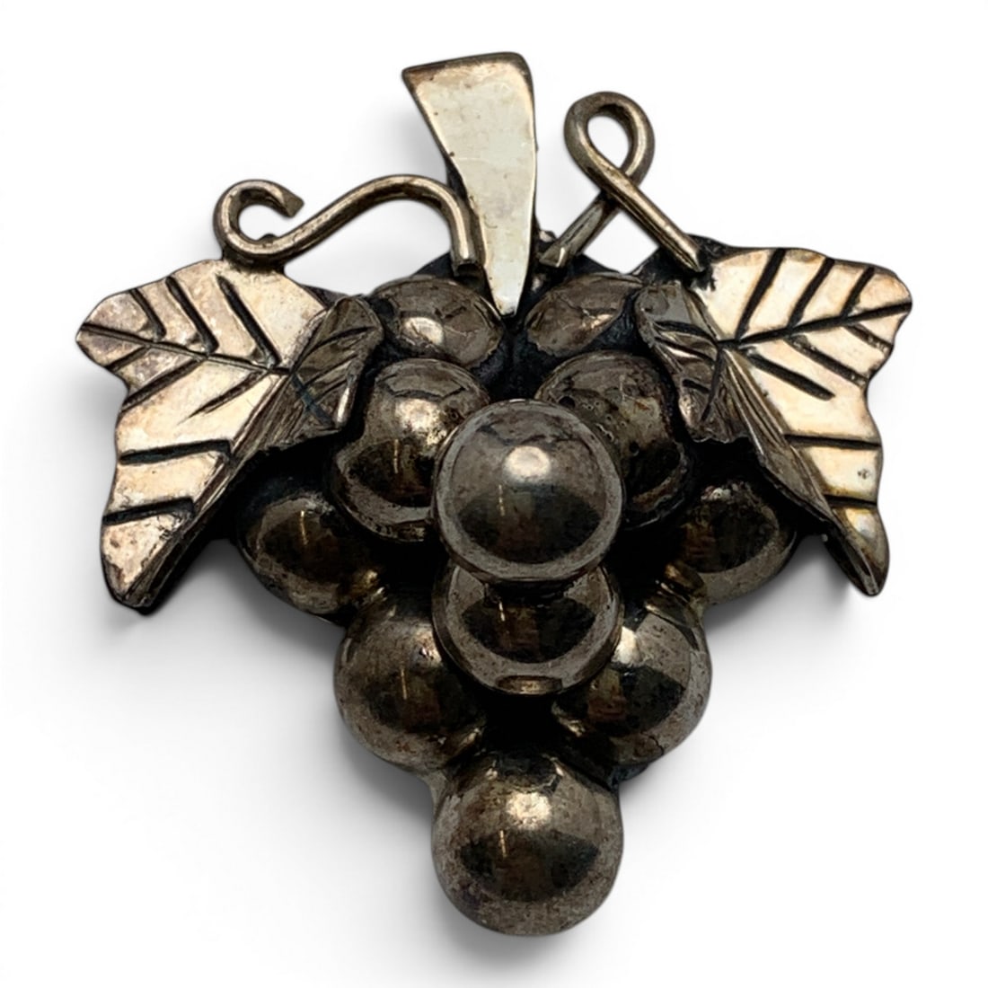 Vintage Mexico Sterling Silver Grape Pin: Vintage Mexico Sterling Silver Pendant/ Pin Featuring A Bunch Of Grapes Design Marked: 925 - 1 5/8" Long - 14.7 Grams