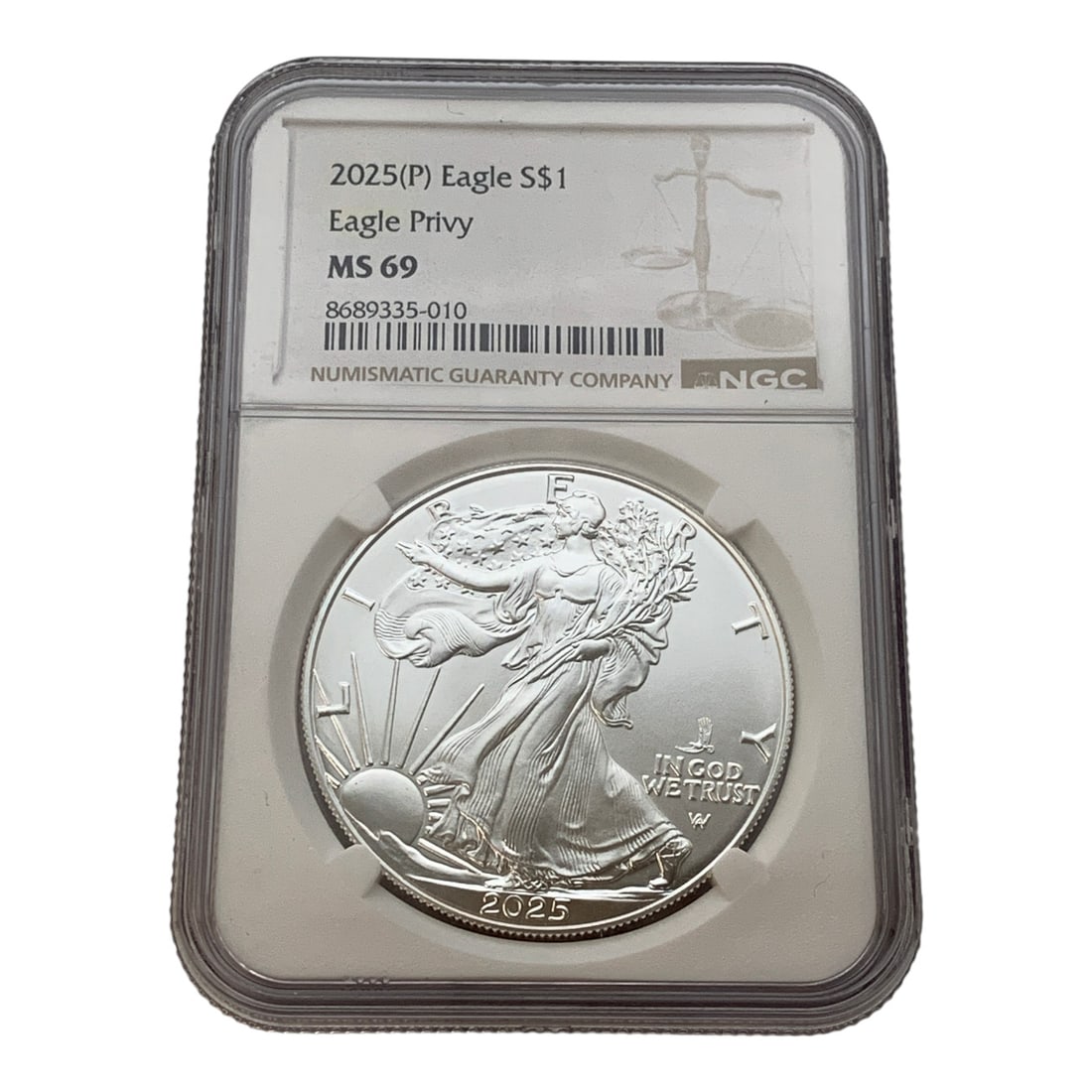 Ngc 2025 P $1 American 1oz. Fine Silver Eagle: In Ngc Graded Case - Ms 69 - Eagle PrivyMarked On Obverse: LibertyMarked On Reverse: United States Of America, One Dollar, 1oz. Fine Silver
