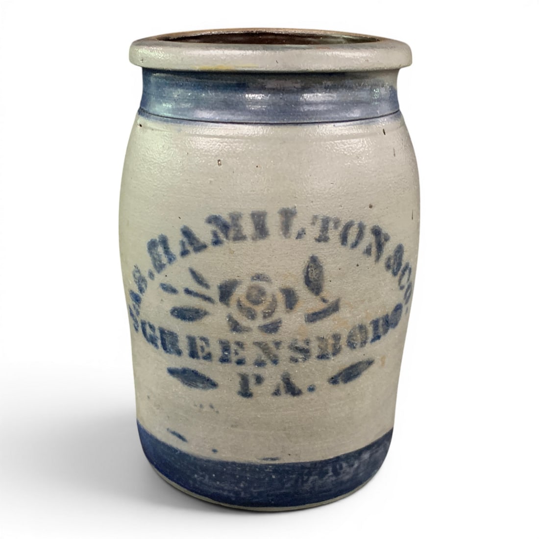 Jas. Hamilton & Co Stoneware Crock: Jas. Hamilton & Co Stonware Crock From Greensboro, Pa With Blue Stencil Decoration 9 3/4" Tall
