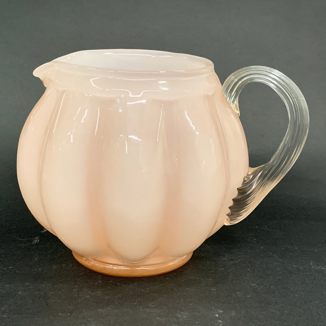 Vintage Fenton Art Glass Melon Shaped Pitcher: Vintage Fenton Art Glass Melon Shaped Pitcher In The "peach Crest" Design With A Clear Glass Handle.5 1/8" Tall