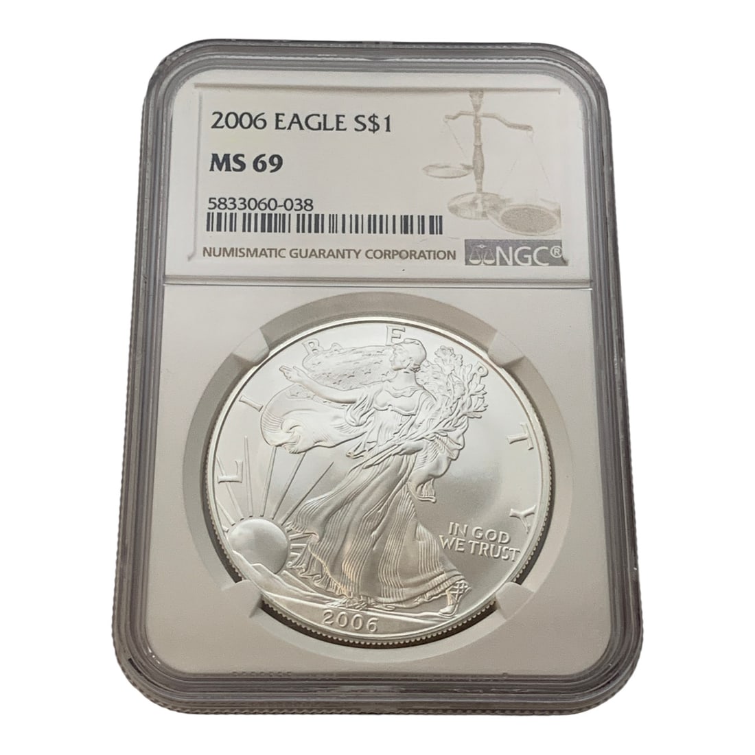 Ngc 2006 $1 American 1oz. Fine Silver Eagle: In Ngc Graded Case - Ms 69 Marked On Obverse: LibertyMarked On Reverse: United States Of America, One Dollar, 1oz. Fine Silver