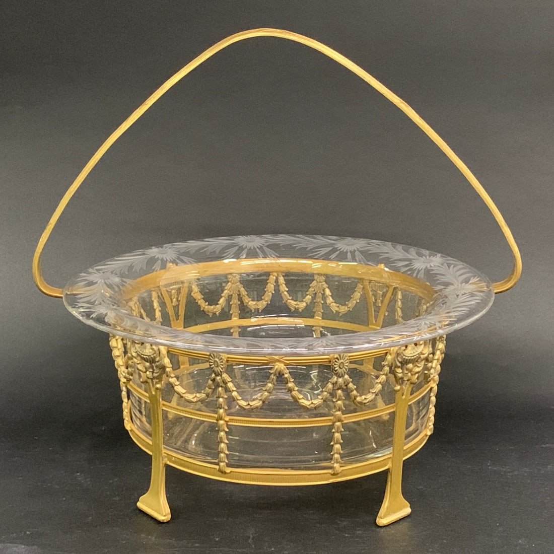 Vintage Metal & Etched Crystal Jardiniere: Vintage Gold Tone Metal & Etched Crystal Bowl Jardiniere10 1/2" DiameterShows Repair Along Rim Of Bowl, See Photos