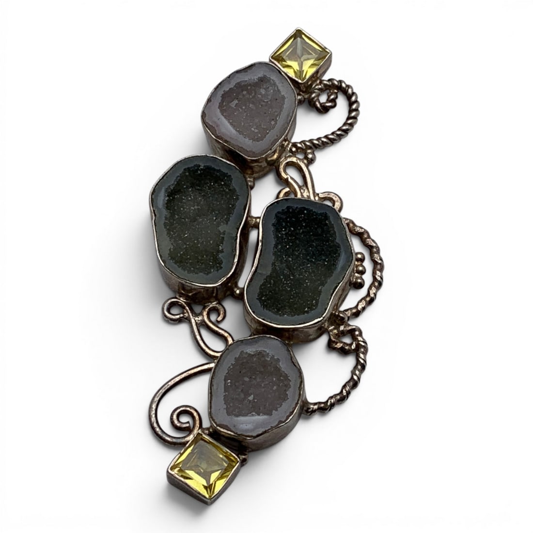 Vintage Sterling Quartz & Yellow Stone Pendant: Vintage Sterling Silver Pendant Featuring 4 Quartz Stones & 2 Princess Cut Yellow GemstonesMarked: 925 - 3" Long - 22.4 Grams