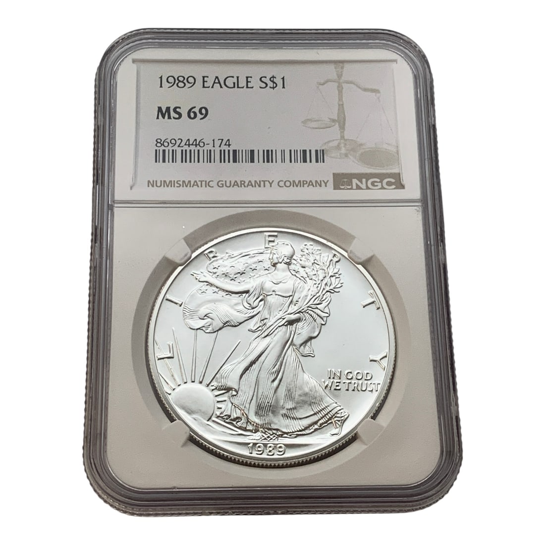 Ngc 1989 $1 American 1oz. Fine Silver Eagle: In Ngc Graded Case - Ms 69 Marked On Obverse: LibertyMarked On Reverse: United States Of America, One Dollar, 1oz. Fine Silver