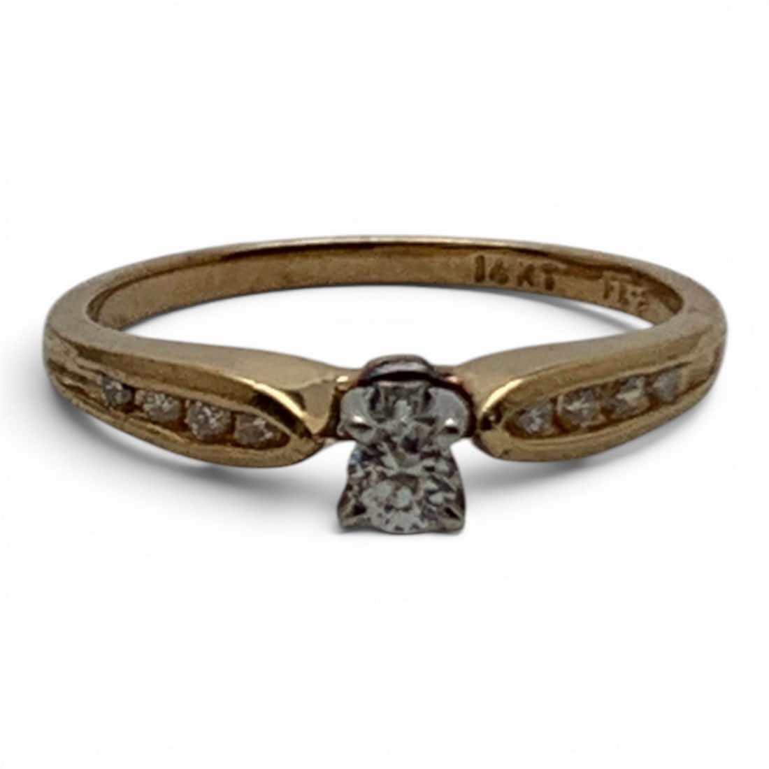 14k Yellow Gold & Diamond Engagement Ring: 14k Yellow Gold Engagement Ring Featuring 1 Prominent Center Set Round Cut Clear Stone Flanked By 4 Round Cut Lab Grown Diamonds Approx. 0.02ct Each.Marked 14k - Size 7 - 1.5 Dwt