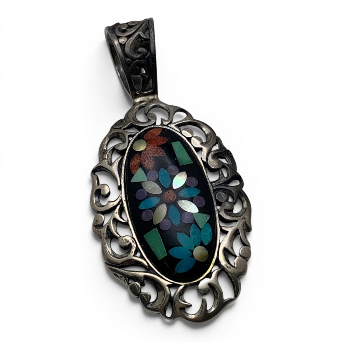 Vintage Sterling & Inlaid Precious Stone Pendant: Vintage Sterling Silver Pendant Featuring Inlaid Precious Stones On A Black Stone BaseMarked: 925 - 2 3/8" Long - 14.4 Grams