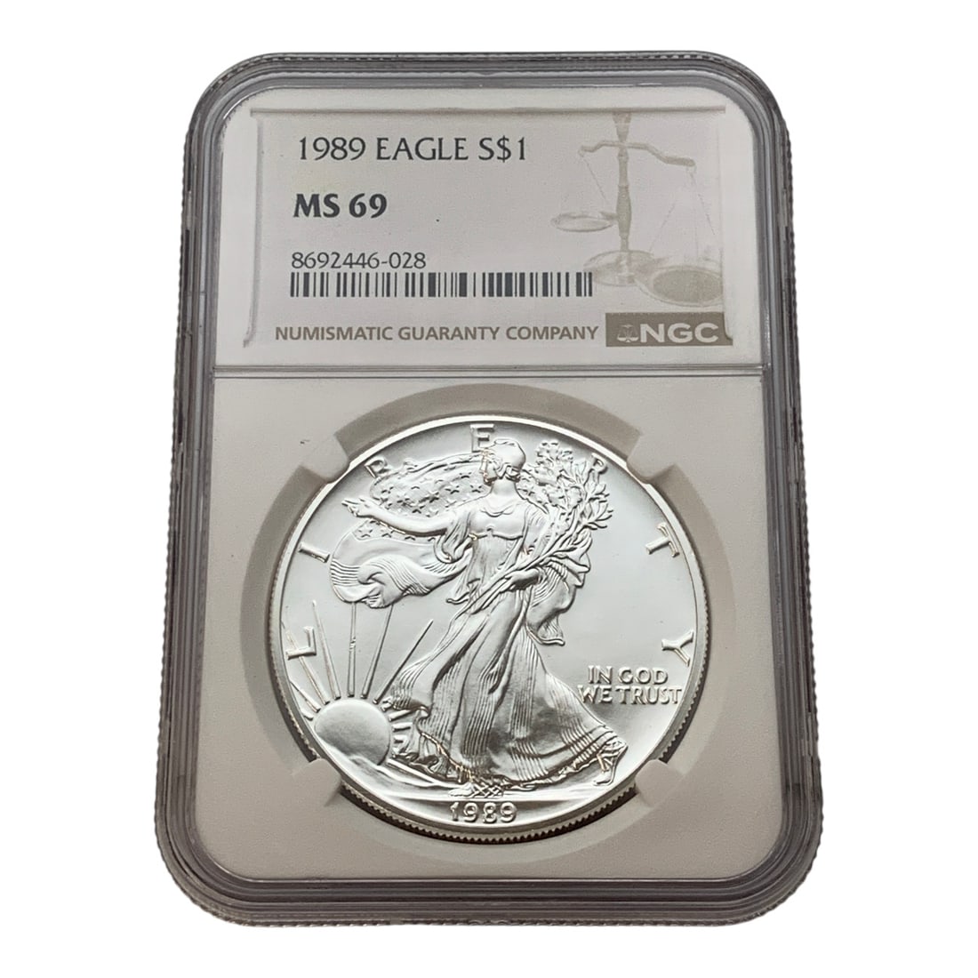 Ngc 1989 $1 American 1oz. Fine Silver Eagle: In Ngc Graded Case - Ms 69 Marked On Obverse: LibertyMarked On Reverse: United States Of America, One Dollar, 1oz. Fine Silver