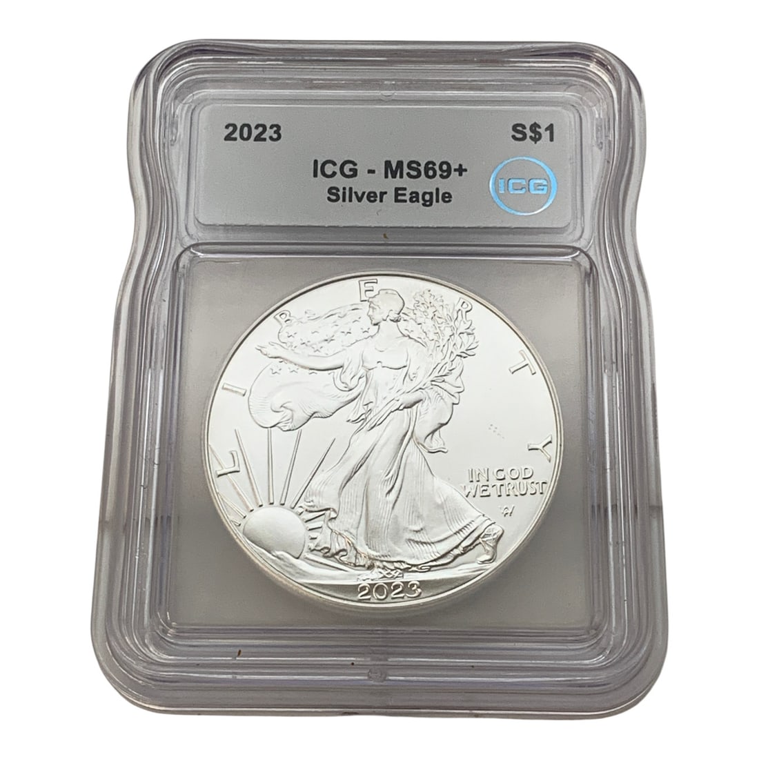 Icg 2023 $1 American 1oz. Fine Silver Eagle: In Icg Graded Case - Ms 69+Marked On Obverse: LibertyMarked On Reverse: United States Of America, One Dollar, 1oz. Fine Silver