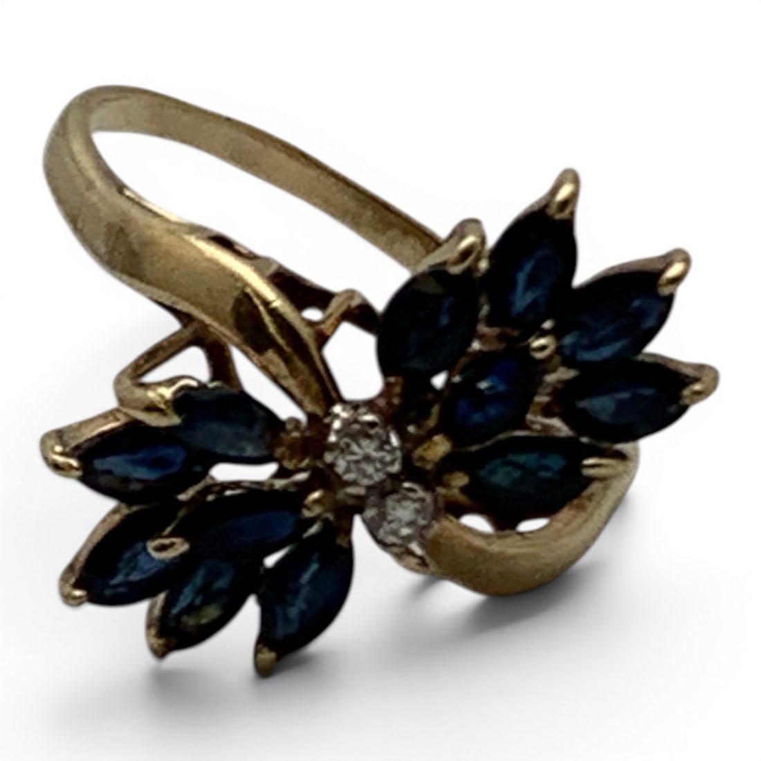 14k Yellow Gold Diamond & Sapphire Ring: 14k Yellow Gold Ring With A Cascade Design Featuring 2 Center Set Round Cut Earth Mined Diamonds Approx. 0.025ct Each & 12 Marquise Cut Blue Topaz GemstonesMarked 14k - Size 8.25 - 1.9 DwtGemstones Te