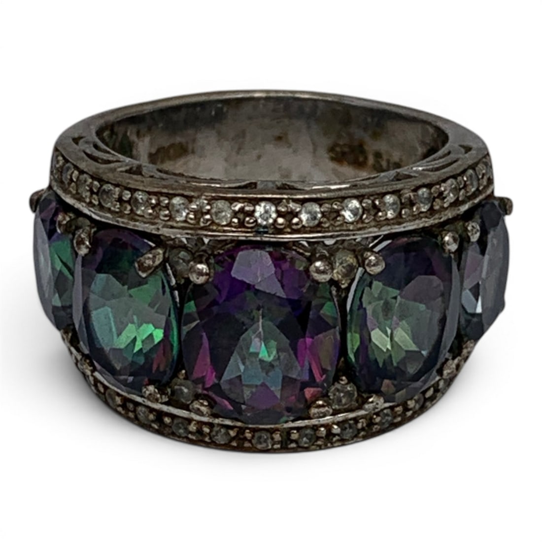 Vintage Sterling Ring W Clear & Rainbow Stones: Vintage Sterling Silver Ring Featuring Clear Stones Surrounding 5 Rainbow Colored Stones Marked: 925 - Size 8 - 9.1 Grams