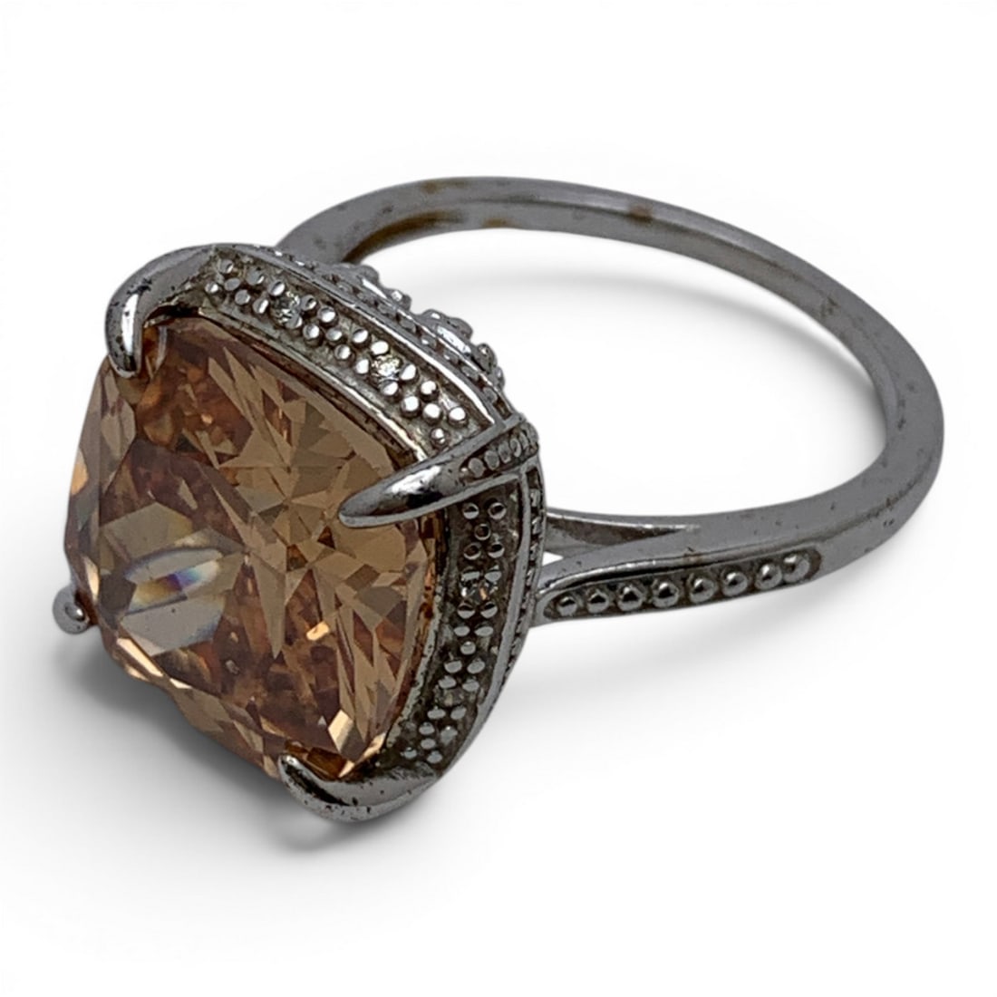 Sterling Silver & Yellow Stone Ring - 5