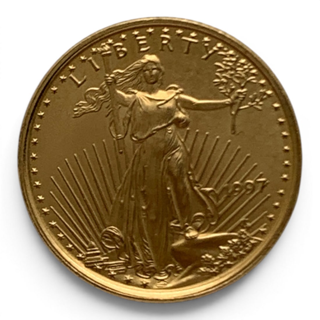 1997 Walking Liberty $5 Gold Coin: Marked On Obverse: 1997, LibertyMarked On Reverse: United States Of America, 1/10oz. Fine Gold ~ 5 Dollars