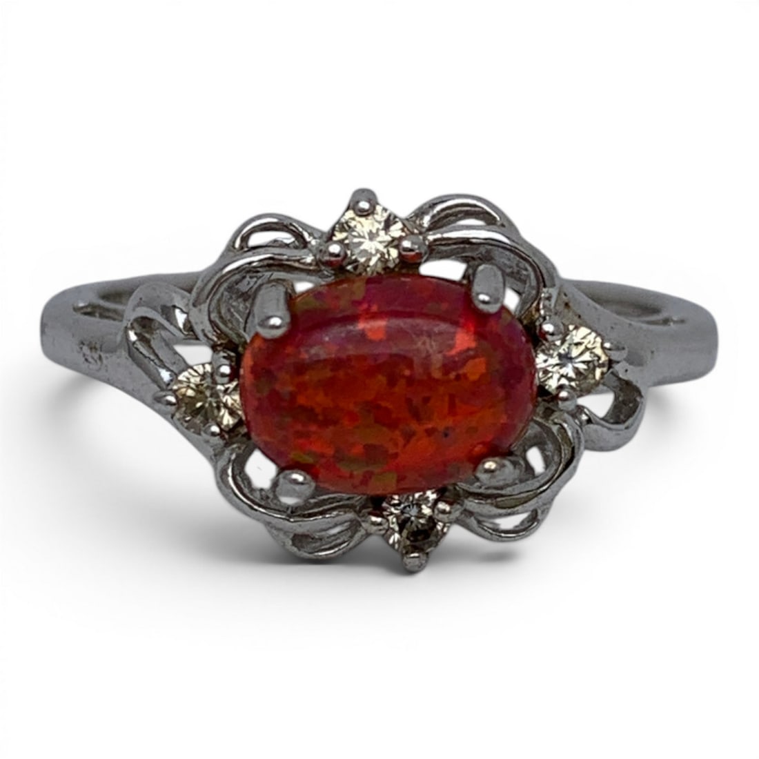 Vintage Sterling Ring W Clear & Opal Stones: Vintage Sterling Silver Ring Featuring 1 Fire Opal Stone Surrounded By 4 Clear Stones Marked: 925 - Size 7 - 2.7 Grams