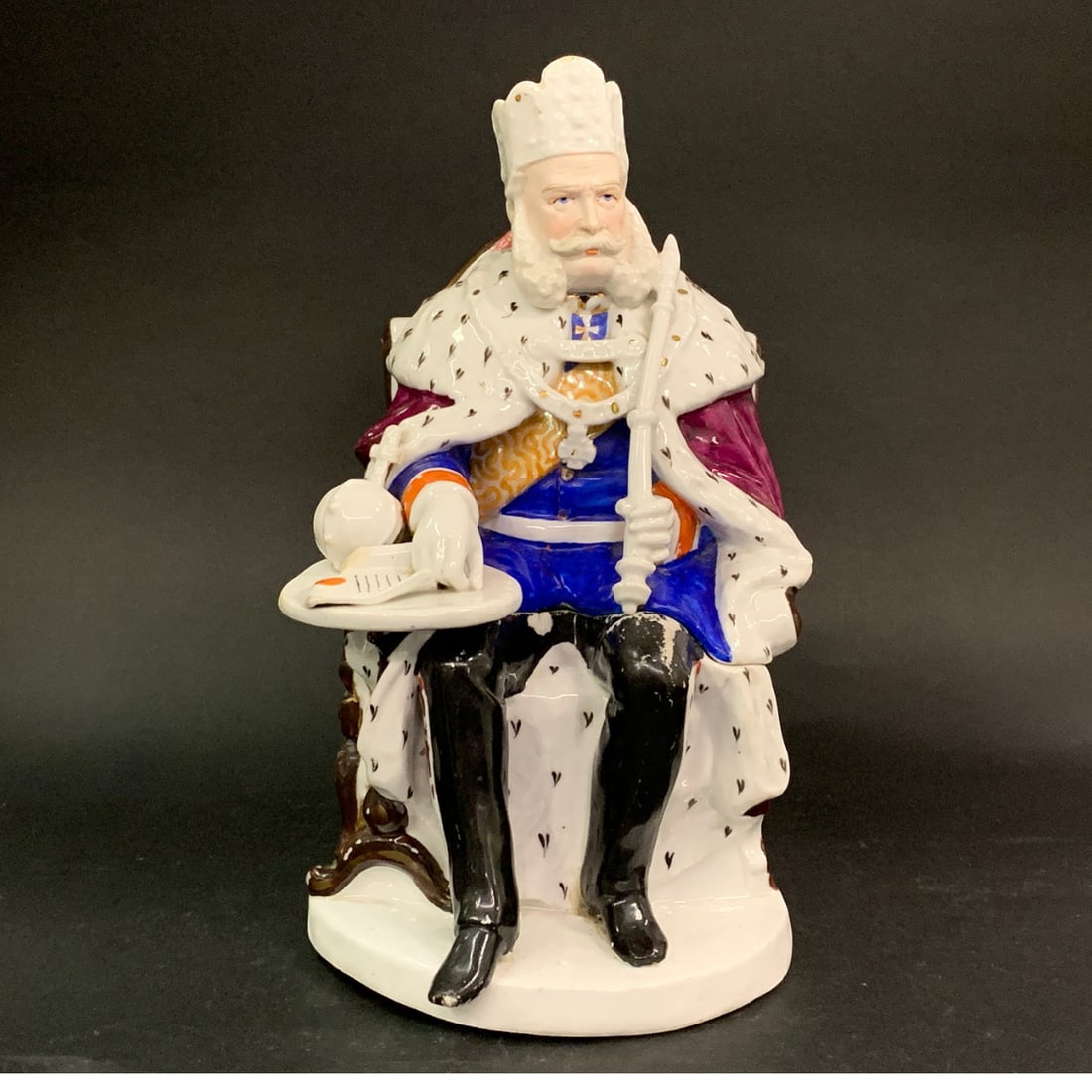 Royal Personage Majolica Tobacco Jar: Two Part Tobacco Jar Of A Royal Personage Sitting On A Throne In A Majolica Style10" Tall