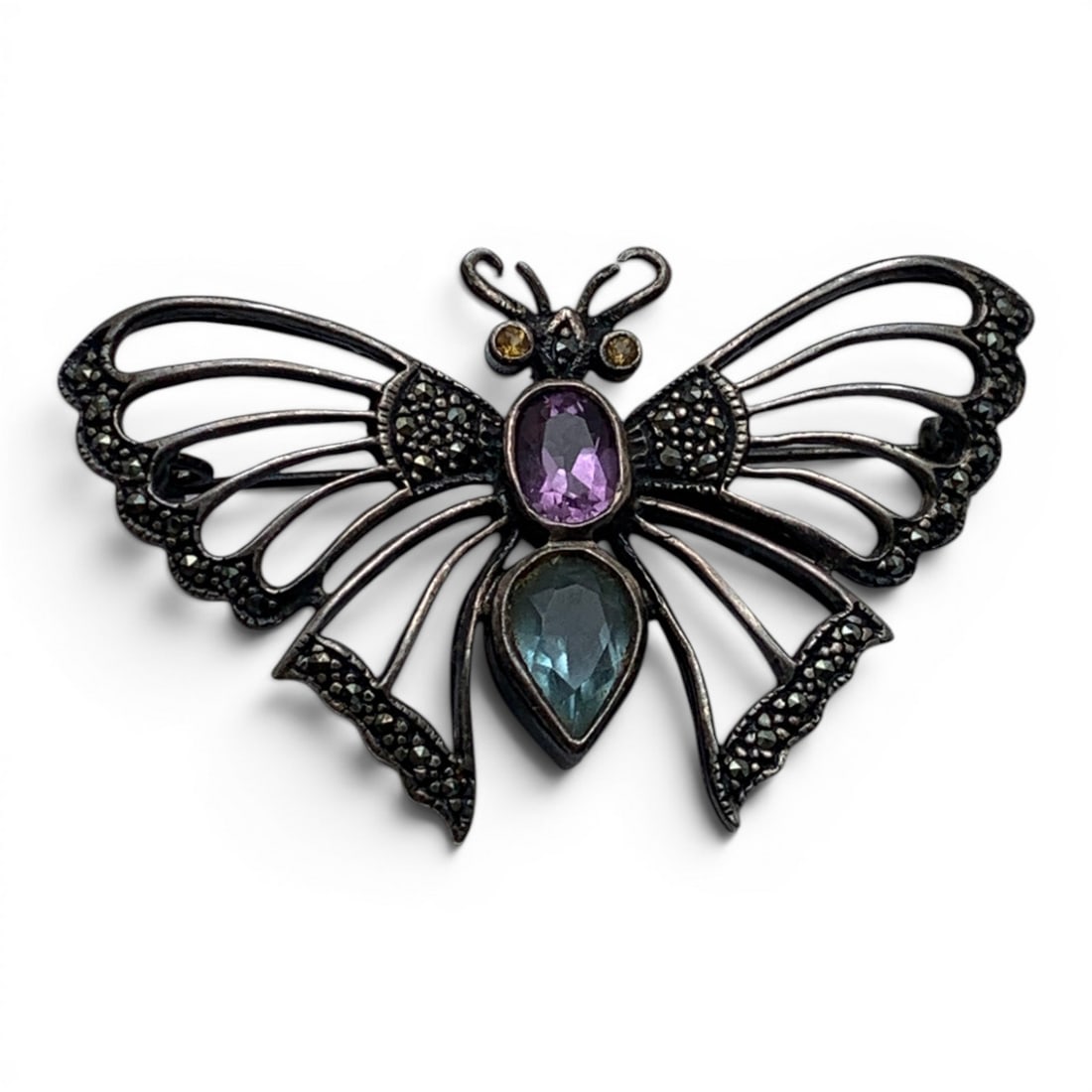 Vintage Sterling Butterfly Pin With Stones: Vintage Sterling Silver Butterfly Pin Featuring Marcasite & Colored Stones Marked: 925 - 2 1/8" Long - 11.7 Grams
