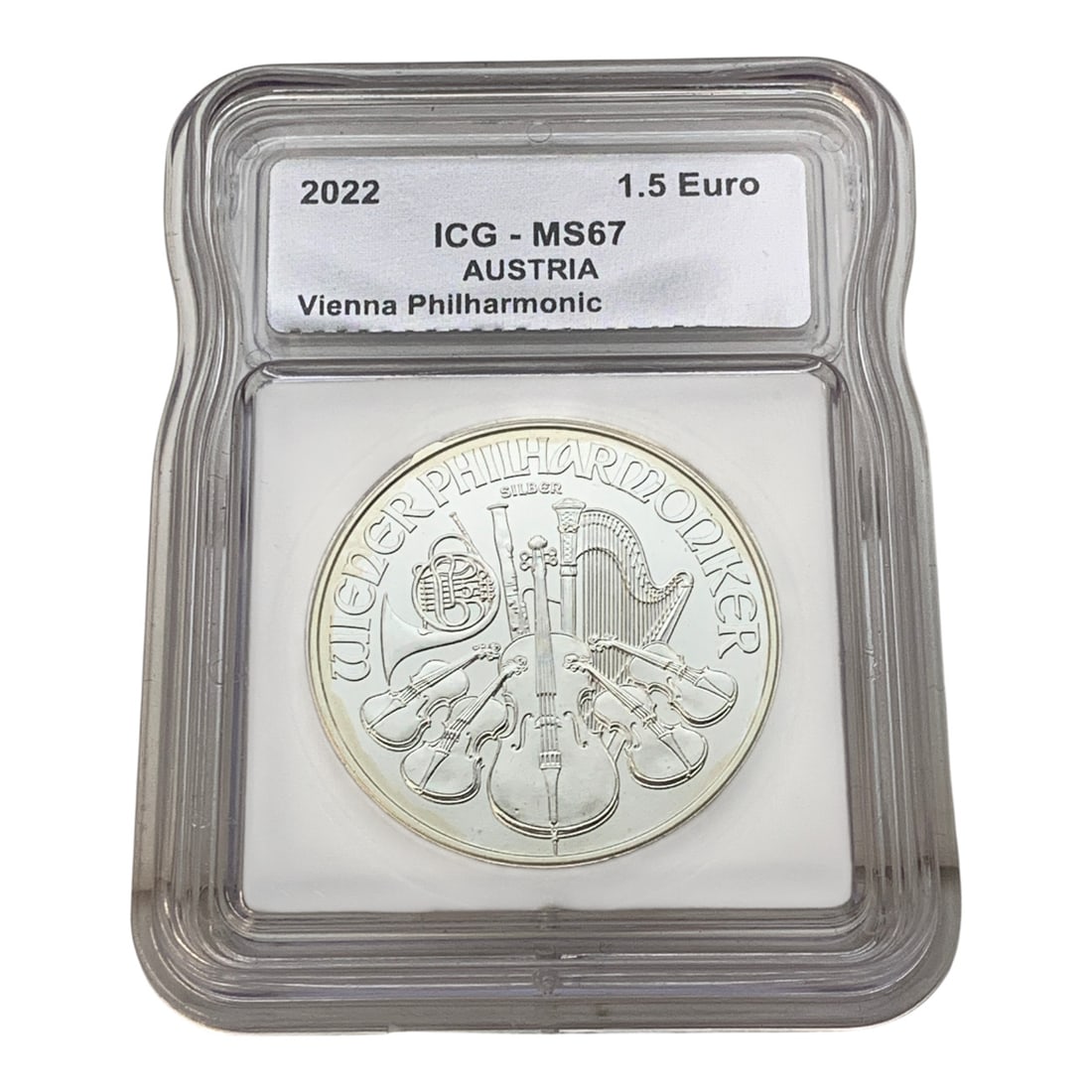 Icg 2022 1.5 Euro Austria 1oz. Fine Silver Round: In Igc Graded Case - Ms 67Marked On Obverse: Wiener Philharmoniker, SilberMarked On Reverse: Republik Osterreich, 1,50 Euro, 2022, 1 Unze Feinsilber