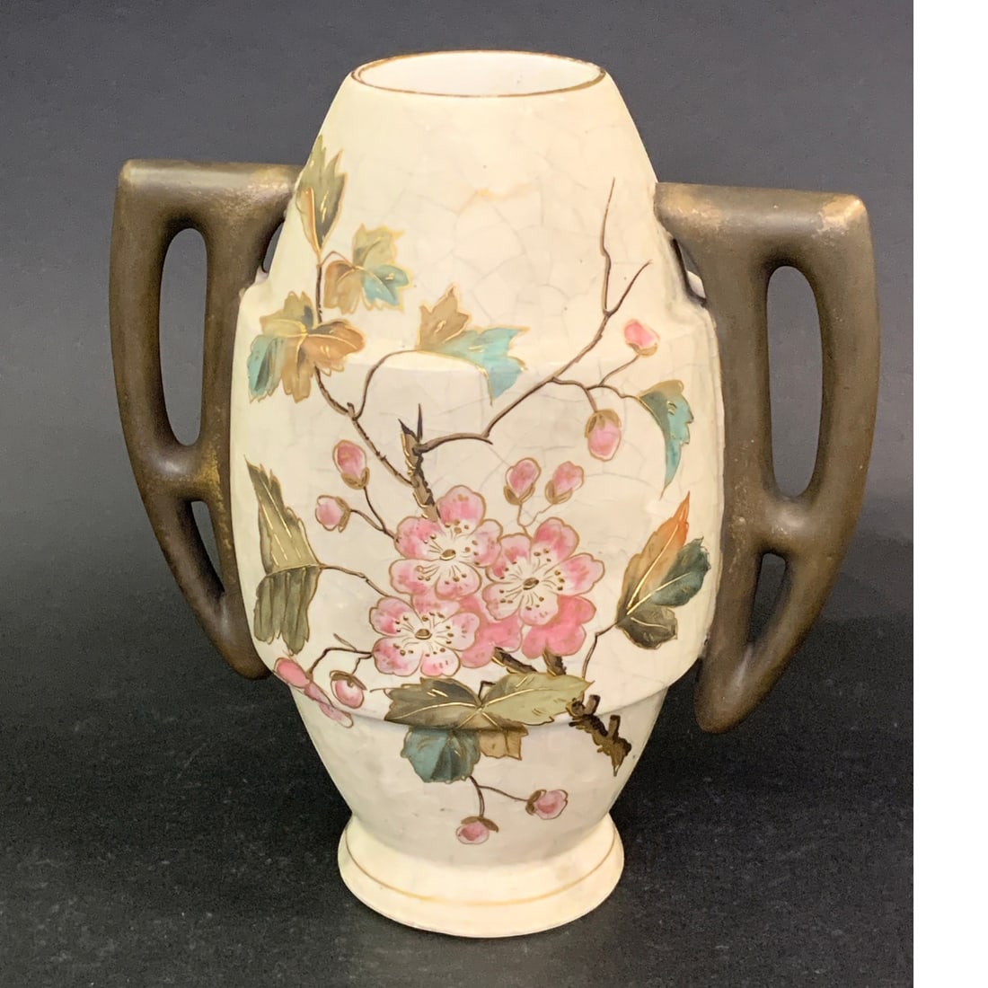 Vintage Imperial Floral Double Handled Vase: Vintage Imperial Double Handled Vase Featuring A Cherry Blossom Design And Gold AccentsBears Mark On Bottom: Imperial7" Tall