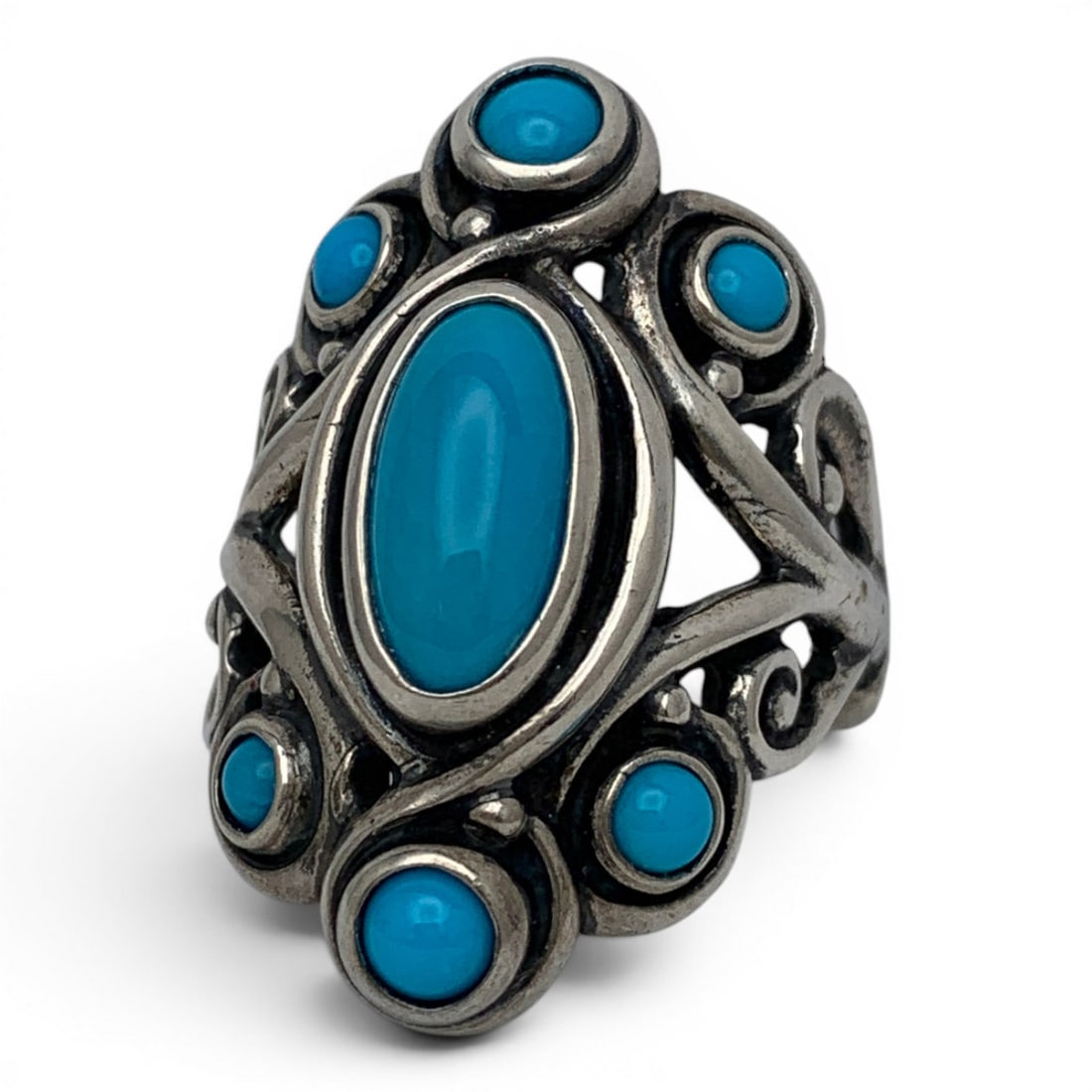 Sterling Silver Ring With Blue Stones: Sterling Silver Ring Featuring An Open Work Design & Blue Stones Marked: 925 - Size 8.25 - 11.5 Grams