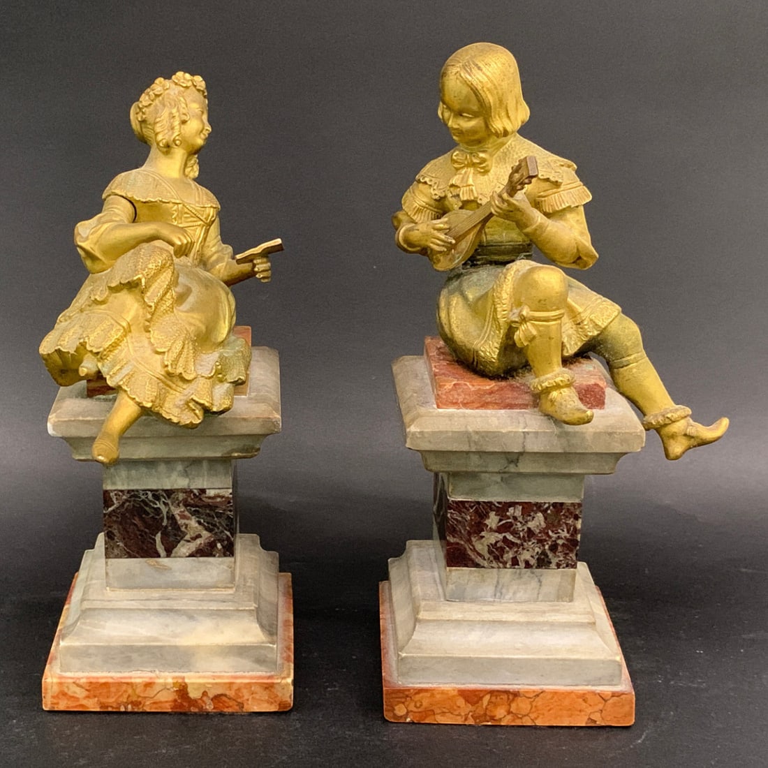 Antique Bronze & Marble Figurine Sculptures: Pair Of Antique Bronze & Marble Figurine Sculptures Featuring A Woman & A Man Lying And Sitting Atop A Marble Base9" Tall