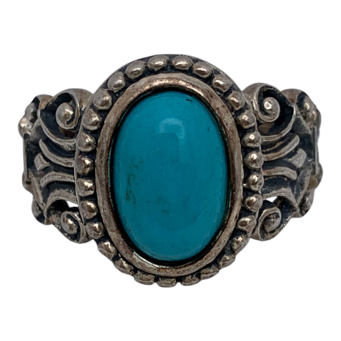 Sterling Silver & Blue Turquoise Ring: Sterling Silver Ring Featuring An Open Work Design & A Center Set Turquoise Stone Marked: 925 - Size 10.25 - 6.7 Grams