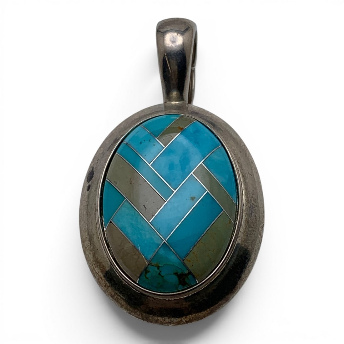 Sterling Silver & Inlaid Turquoise Stone Pendant: Sterling Silver Pendant Featuring Inlaid Turquoise Stones Marked: 925 - 2 1/8" Long - 18.1 Grams