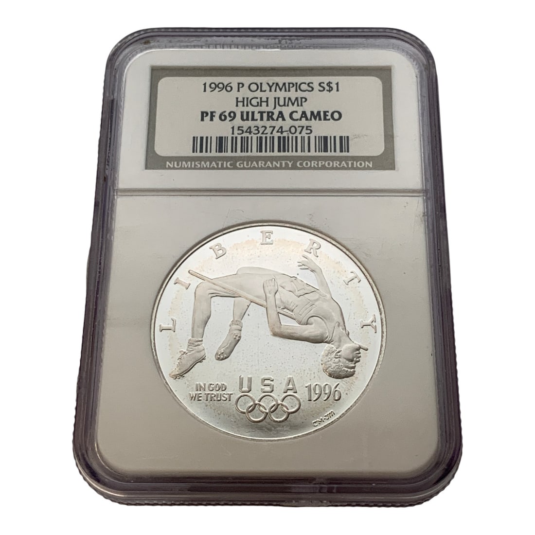 Ngc 1996 P Olympics High Jump Silver $1 Round: In Ngc Graded Case - Pf 69 Ultra Cameo - 90% Silver ContentMarked On Obverse: Liberty, Usa 1996Marked On Reverse: United States Of America, Atlanta 1996 Centennial Olympic Games, One Dollar, P