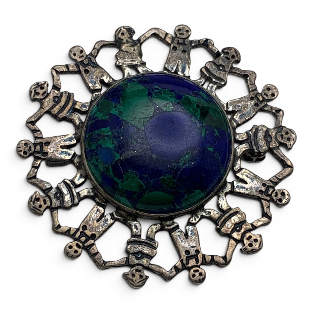 Sterling Silver Hand Across The World Pendant: Vintage Sterling Silver Pendant Featuring Figures Holding Hands Circling A Blue & Green Mixed StoneMarked: Sterling - 1 1/2" Long - 9.9 Grams