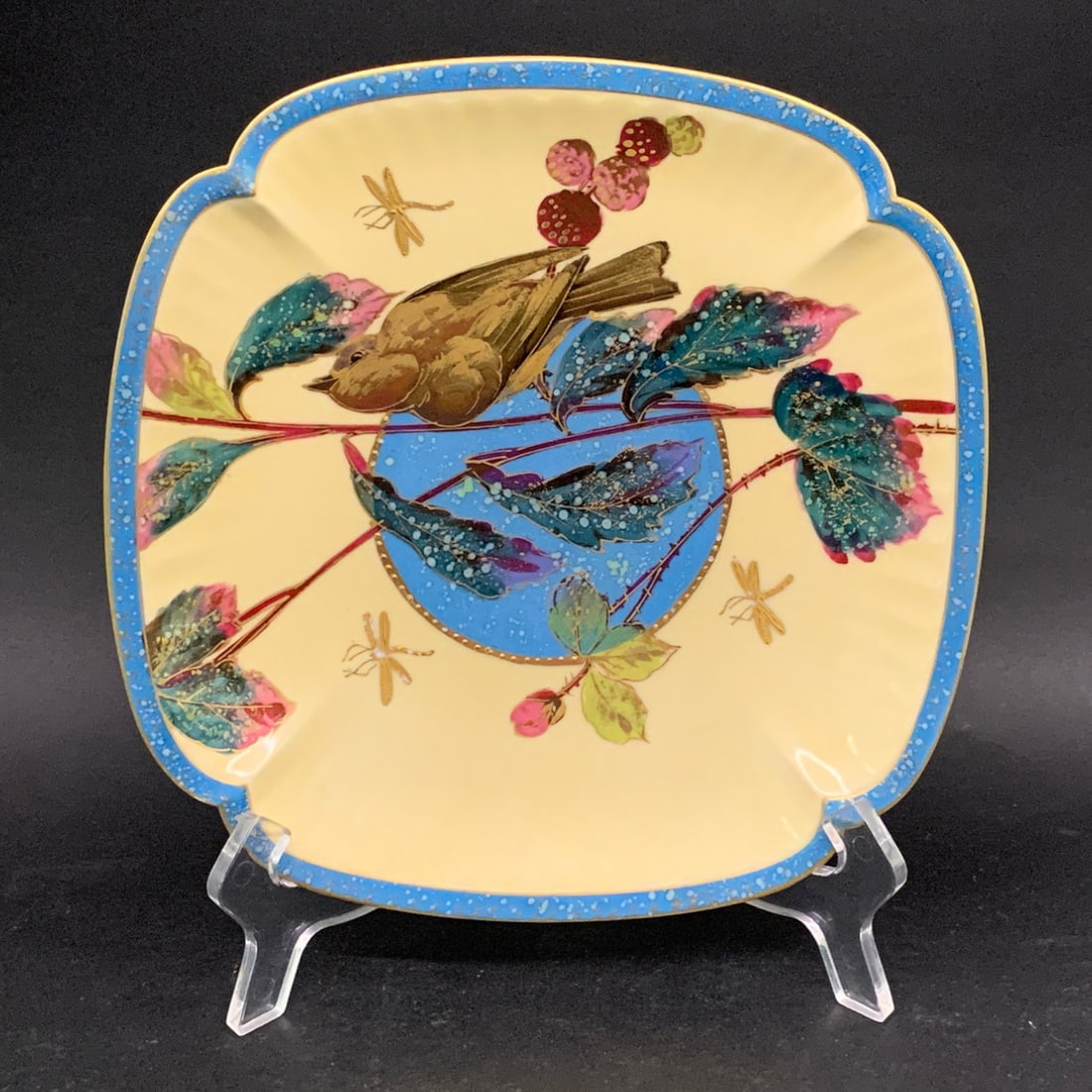 Vintage Decorative Porcelain Plate: Vintage Decorative Porcelain Plate Featuring A Hand Painted Bird, Foliage And Dragonfly Design With A Blue BoarderBears Mark On Back: 8 1/2" Diameter