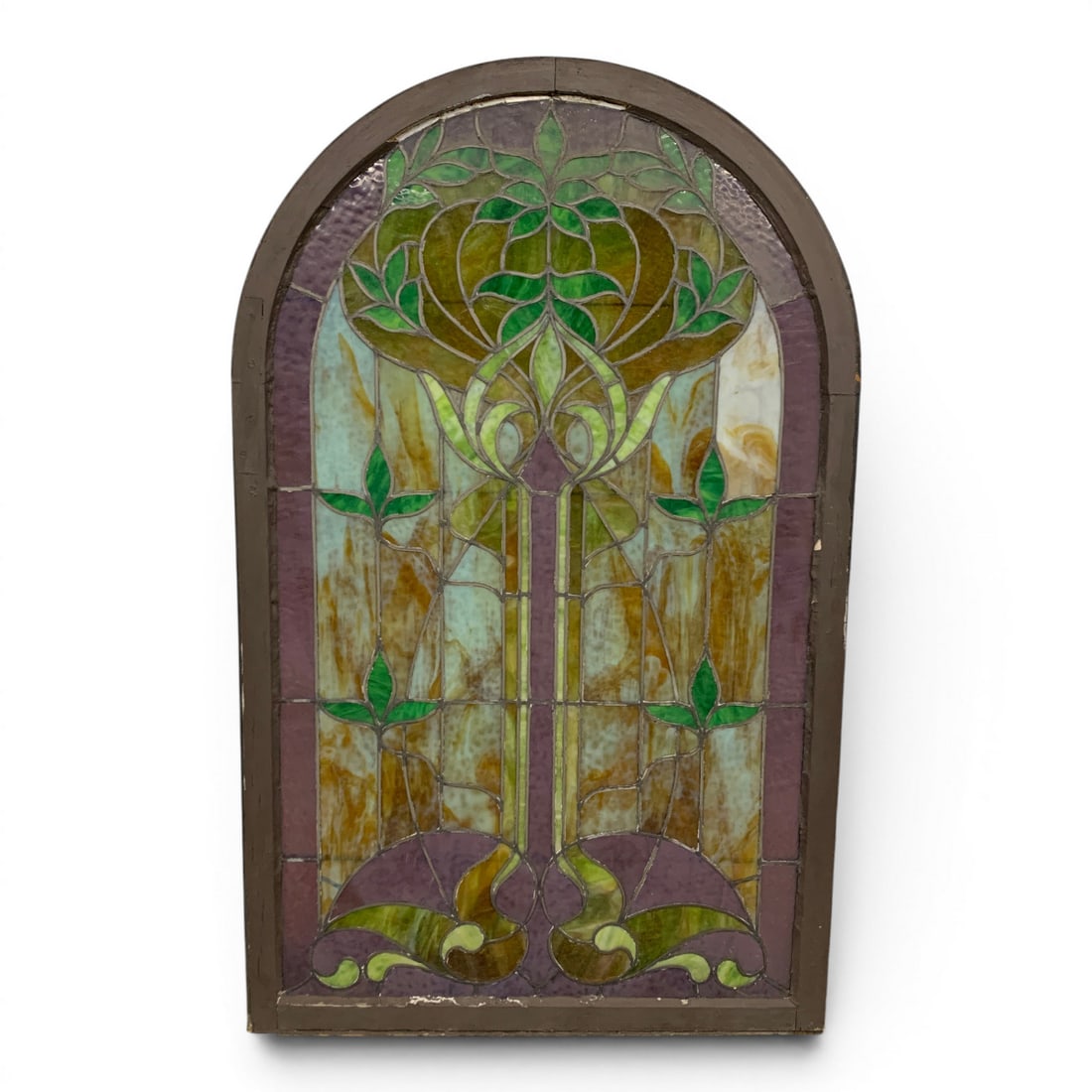 Antique Art Nouveau Stained Glass Window: Antique Art Nouveau Stained Glass Window Featuring A Floral Design.64 1/2" X 40 1/2"