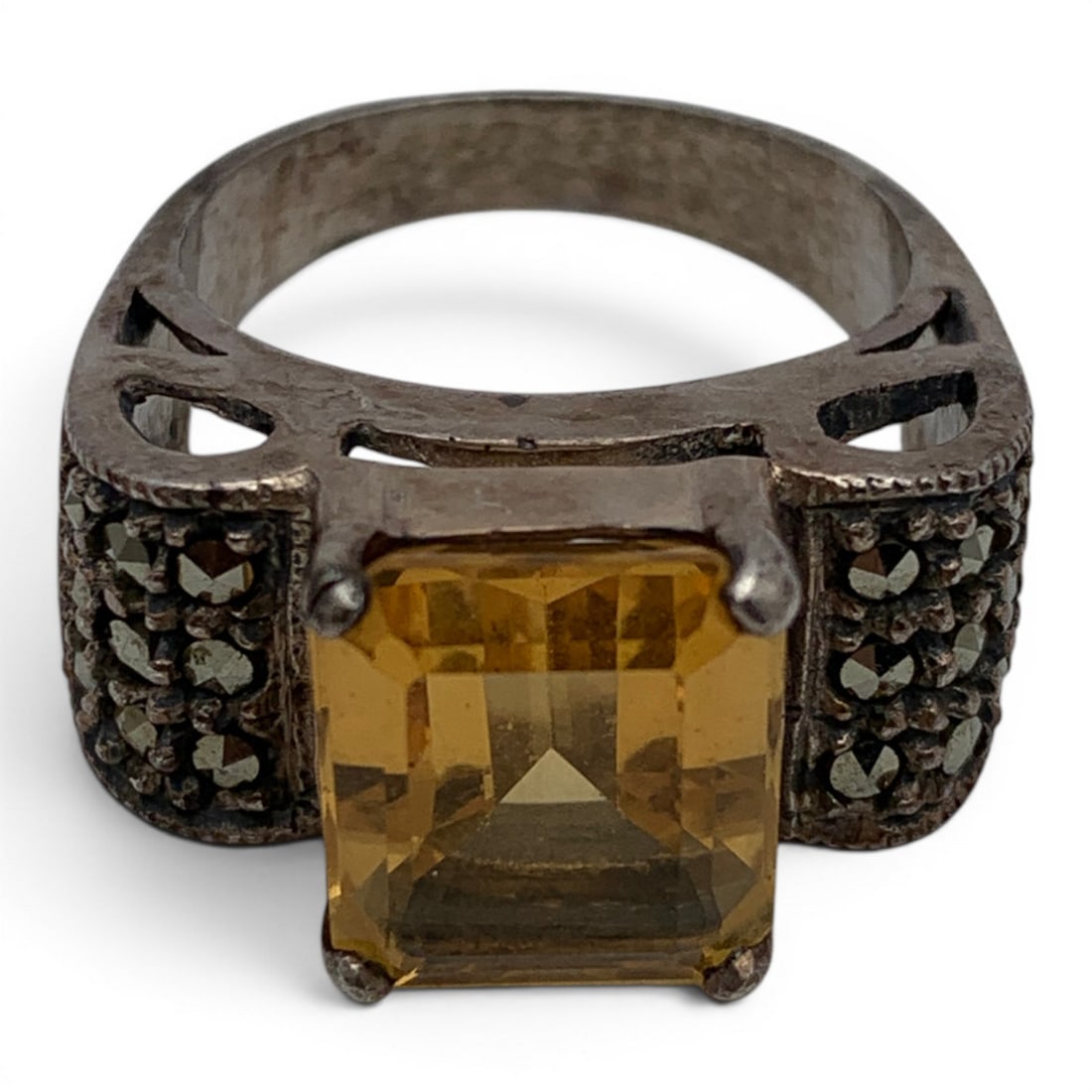 Sterling Silver Ring W A Yellow Stone & Marcasite - 2