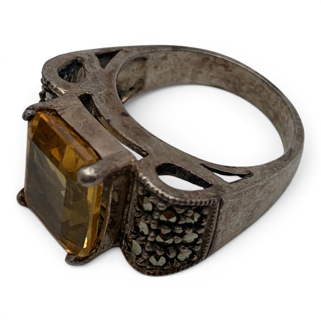 Sterling Silver Ring W A Yellow Stone & Marcasite - 5