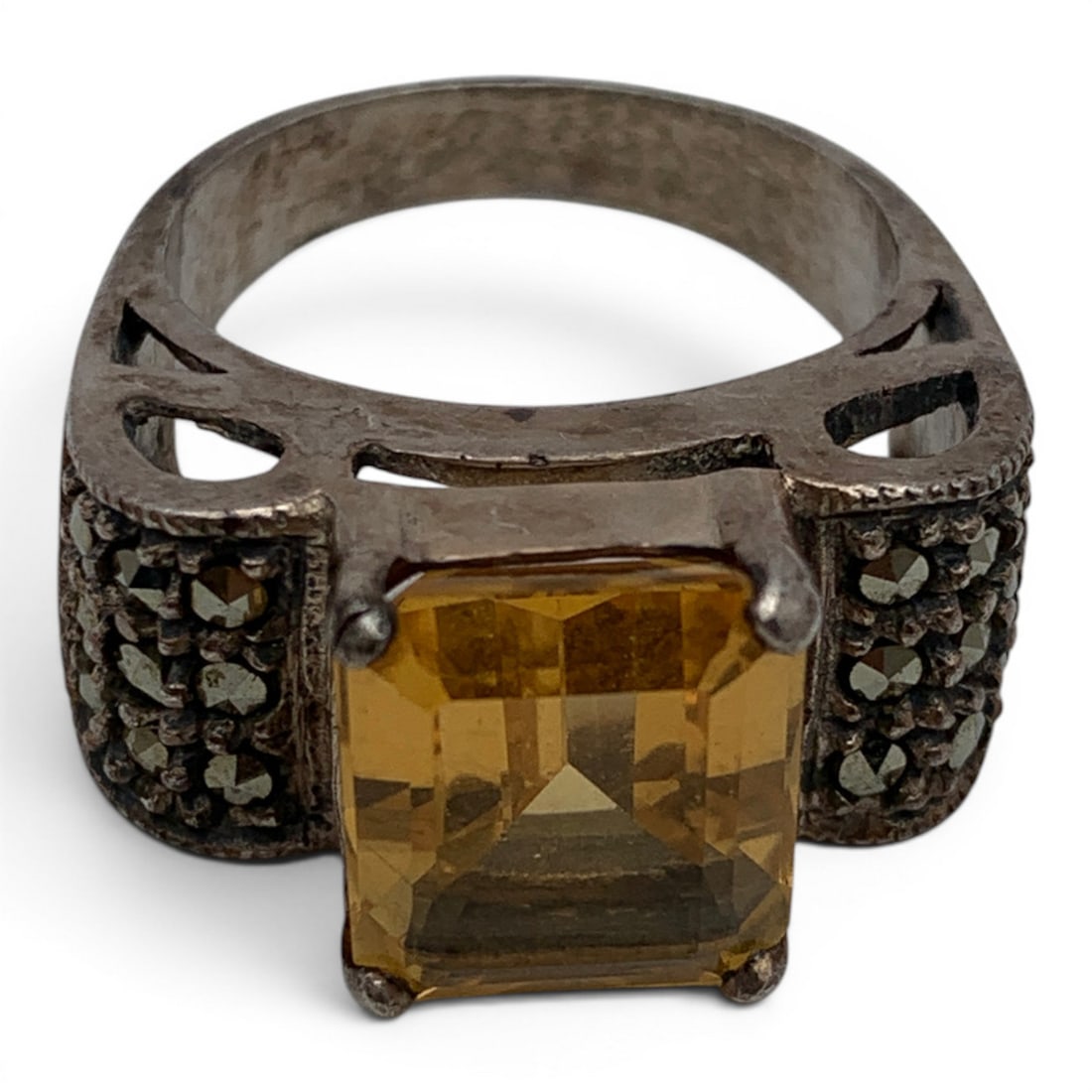Sterling Silver Ring W A Yellow Stone & Marcasite - 6