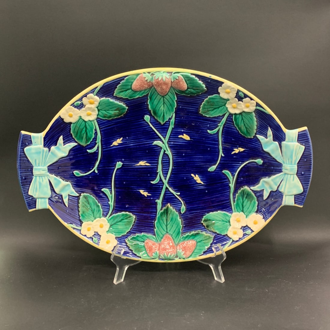 Vintage Majolica Server Plate: Vintage Majolica Strawberry Server Plate With Cobalt Blue Glaze And Raised Relief MotifsBears Mark On Back16 1/2" Long