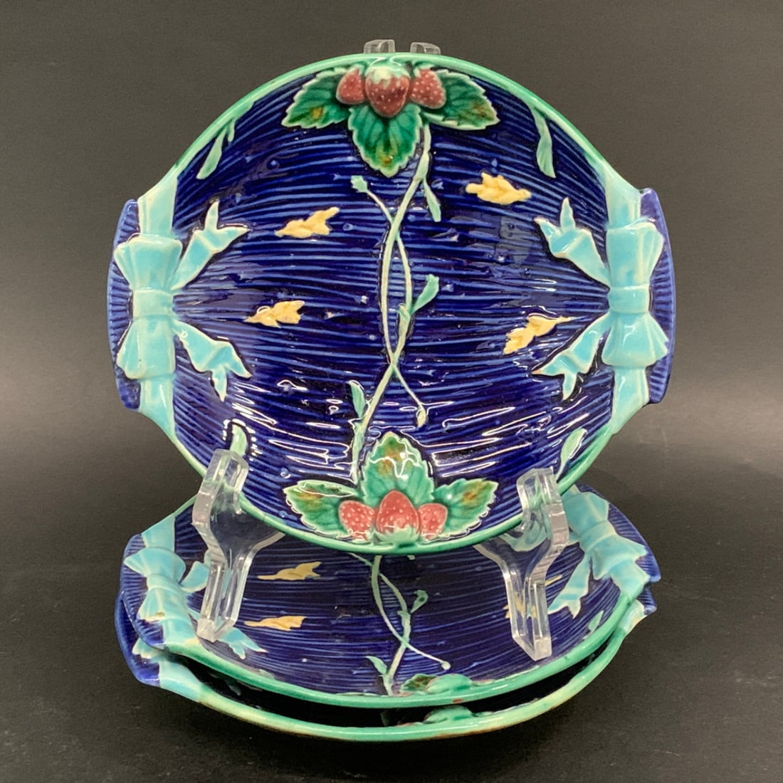 3 Vintage Majolica Plates: 3 Vintage Majolica Strawberry Plates With Cobalt Blue Glaze And Raised Relief MotifsBears Mark On Back6 1/2" Diameter