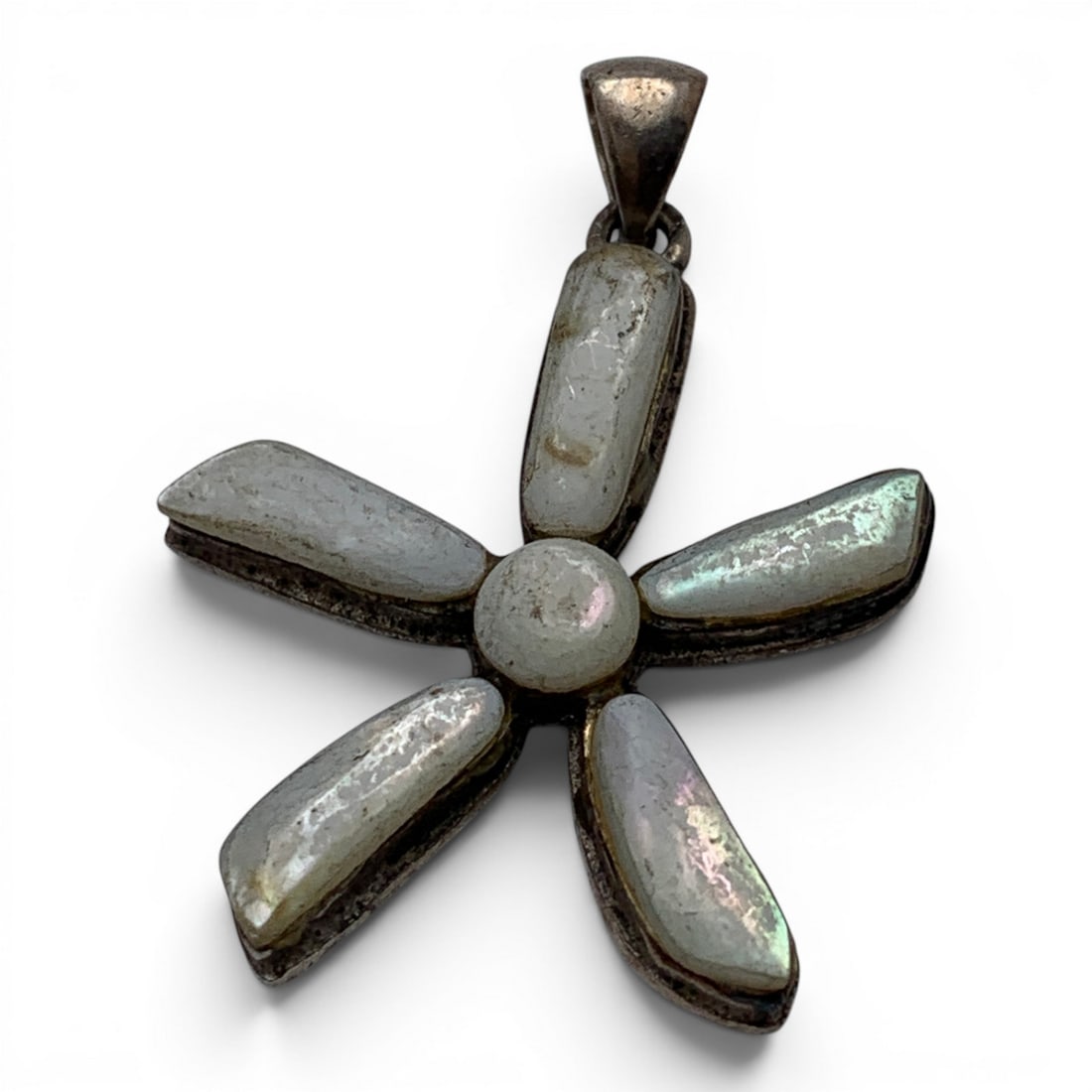 Sterling Silver & Mother Of Pearl Pendant: Vintage Sterling Silver Pendant Featuring Mother Of Pearl Stones & A Floral Design Marked: 925 - 1 5/8" Long - 6.1 Grams