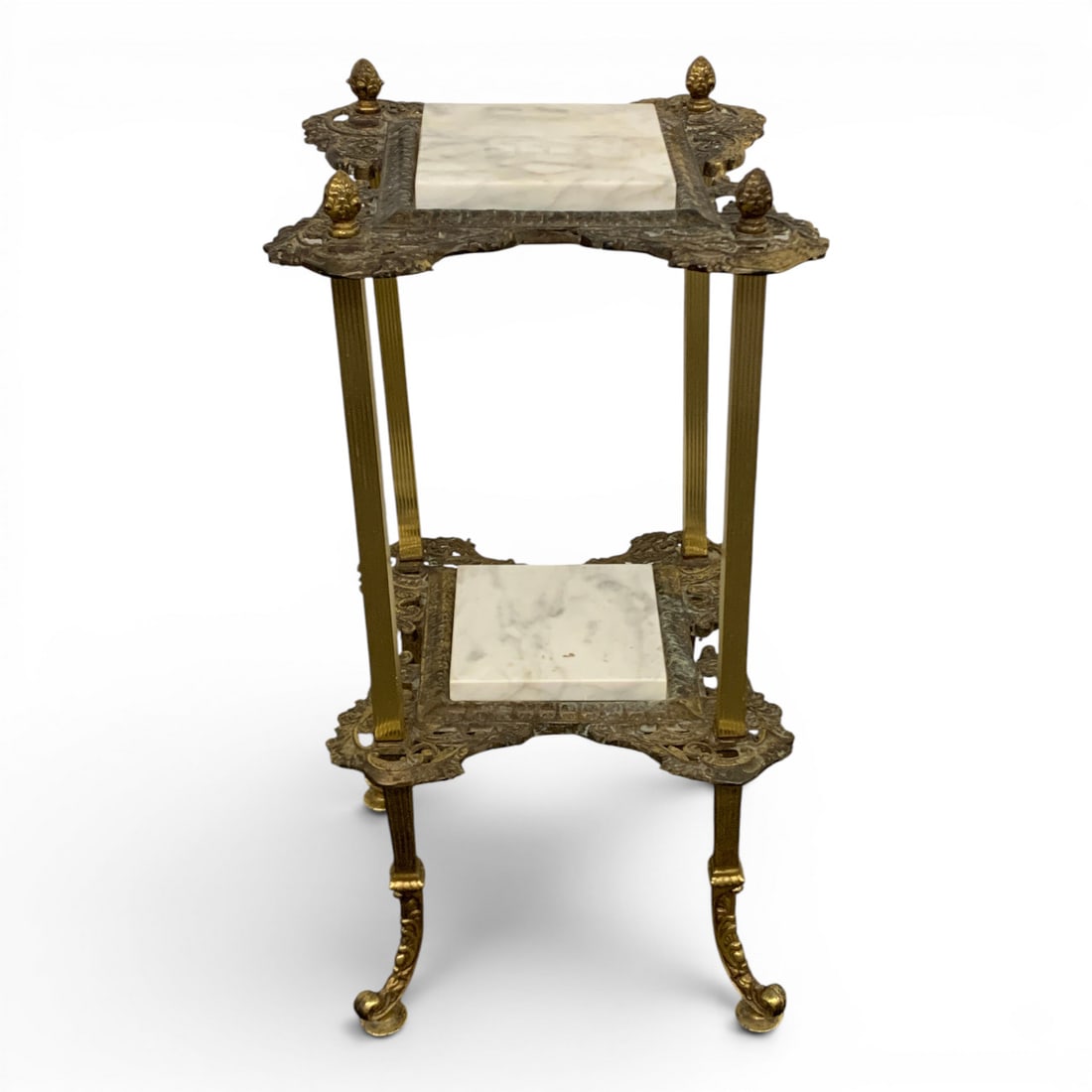 Victorian Style Brass & Marble Plant Stand: Two Tiered Victorian Style Plant Stand Featuring A Brass Frame With Marble Top Inserts And Pineapple Finials27" Tall