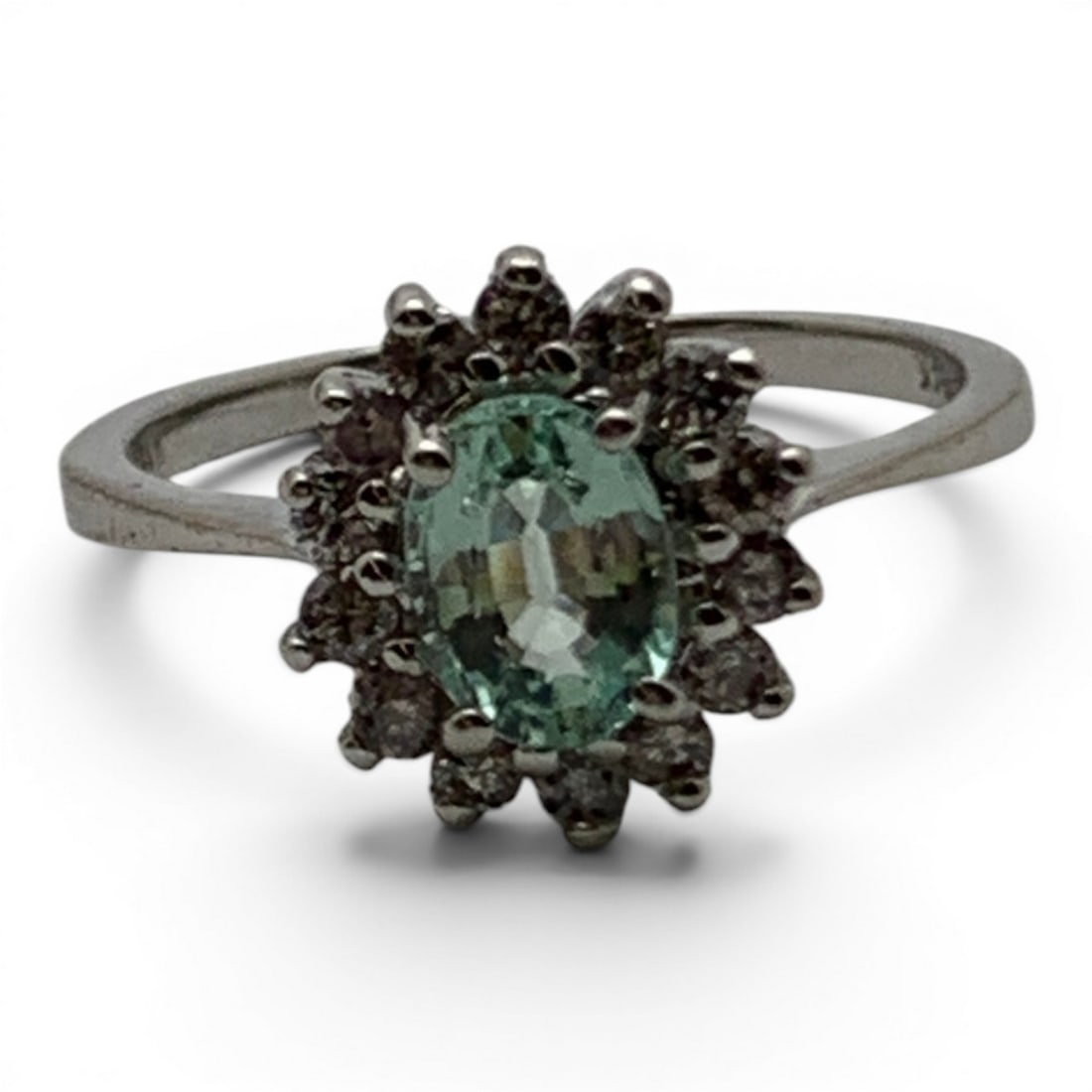 14k White Gold Diamond & Green Quartz Ring: 14k White Gold Ring Featuring An Oval Cut Light Green Quartz Gemstone Surrounded By 14 Round Cut Lab Grown Diamonds Approx. 0.03ct Each.Marked 14k - Size 8 - 2.4 DwtGemstones Tested With Presidium Gem