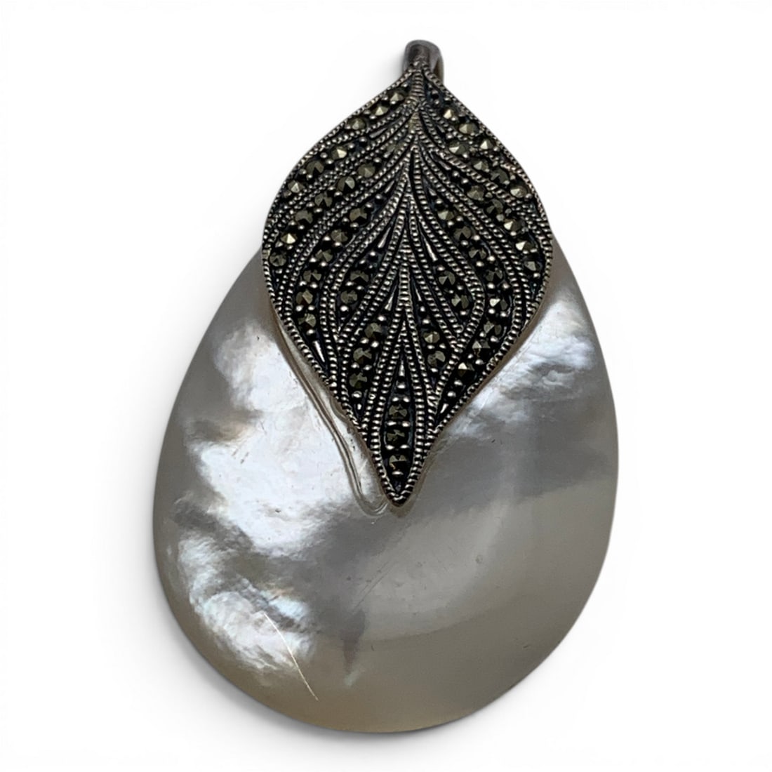 Sterling Marcasite & Mother Of Pearl Pendant: Sterling Silver Pendant Featuring Marcasite Stones & Mother Of Pearl Marked: 925 - 1 3/4" Long - 8.9 Grams