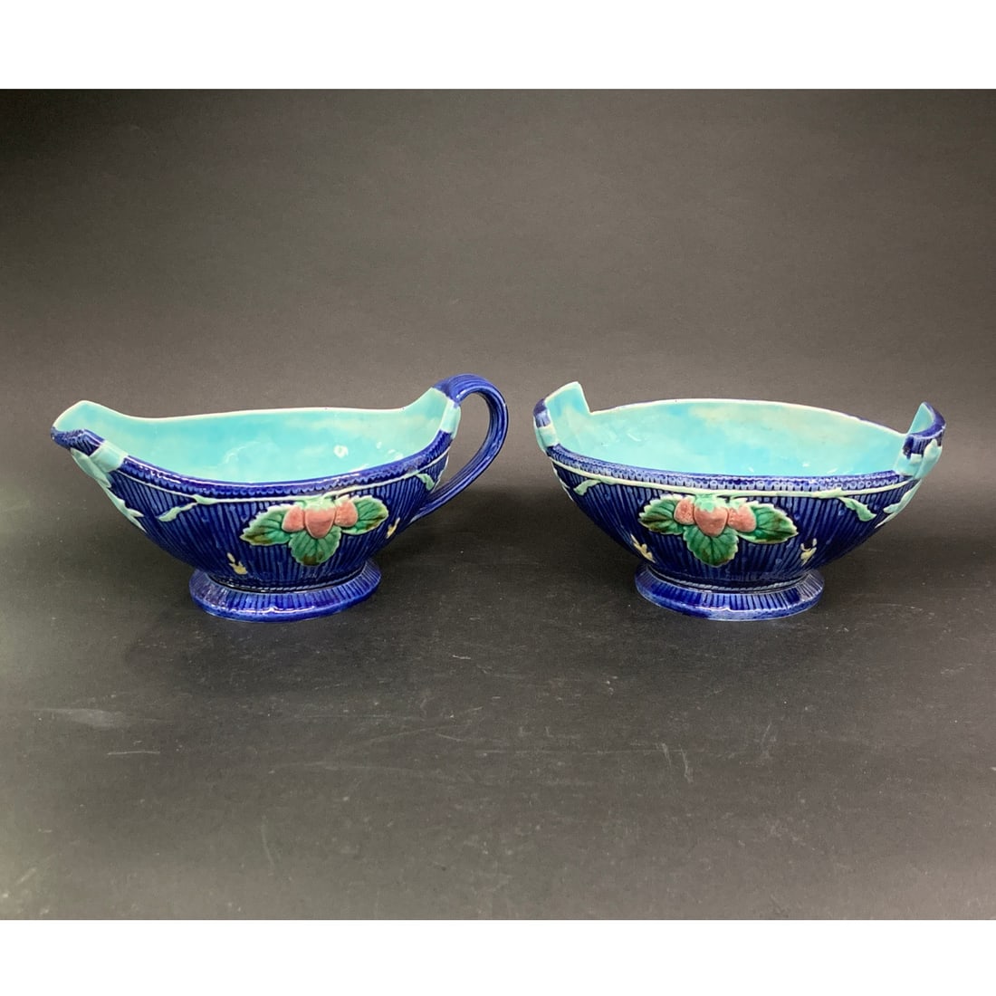 Vintage Victorian Era Majolica Sugar And Cream Set: Vintage Victorian Era Strawberry Majolica Sugar And Cream SetBears Marks On Bottom6 1/2" Long
